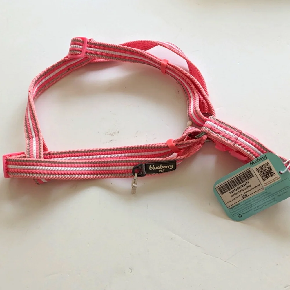 NWT Blueberry Pink & White Striped Reflective Dog Harness Size Large